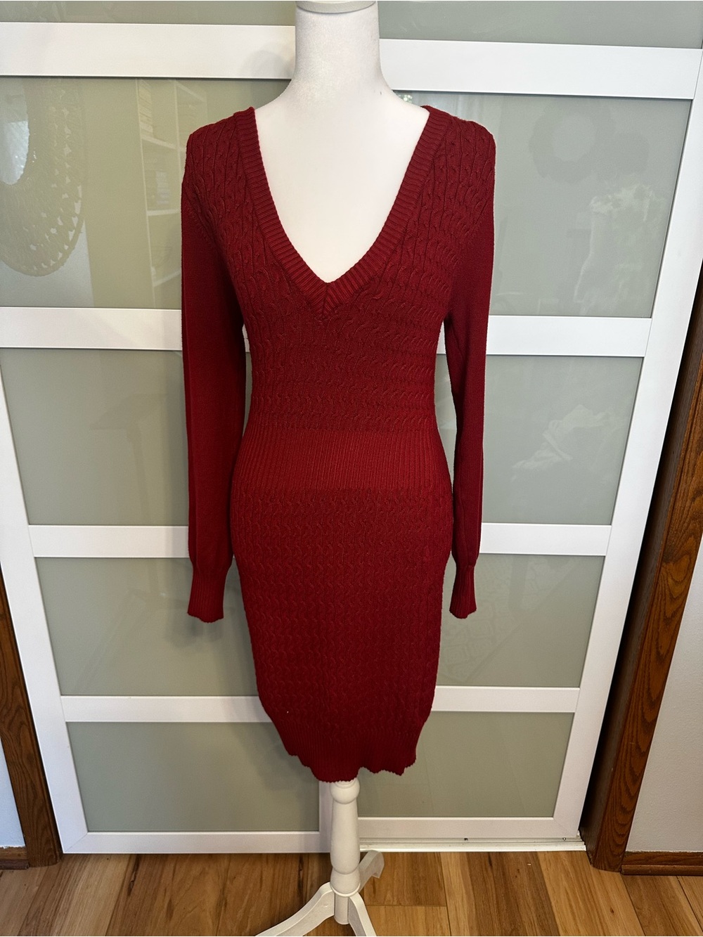Guess Ribbed V-Neck Cable Knit Dress in Wine Red